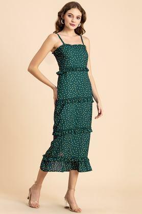 polka dots off shoulder georgette women's knee length dress - teal_green
