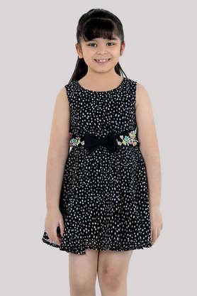 polka dots polyester round neck girls casual wear dress - black