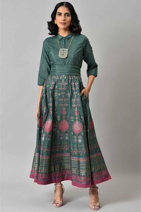 polka dots polyester women's ethnic dress - green