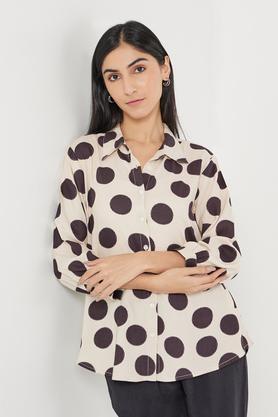 polka dots print rayon collared women's shirt - black