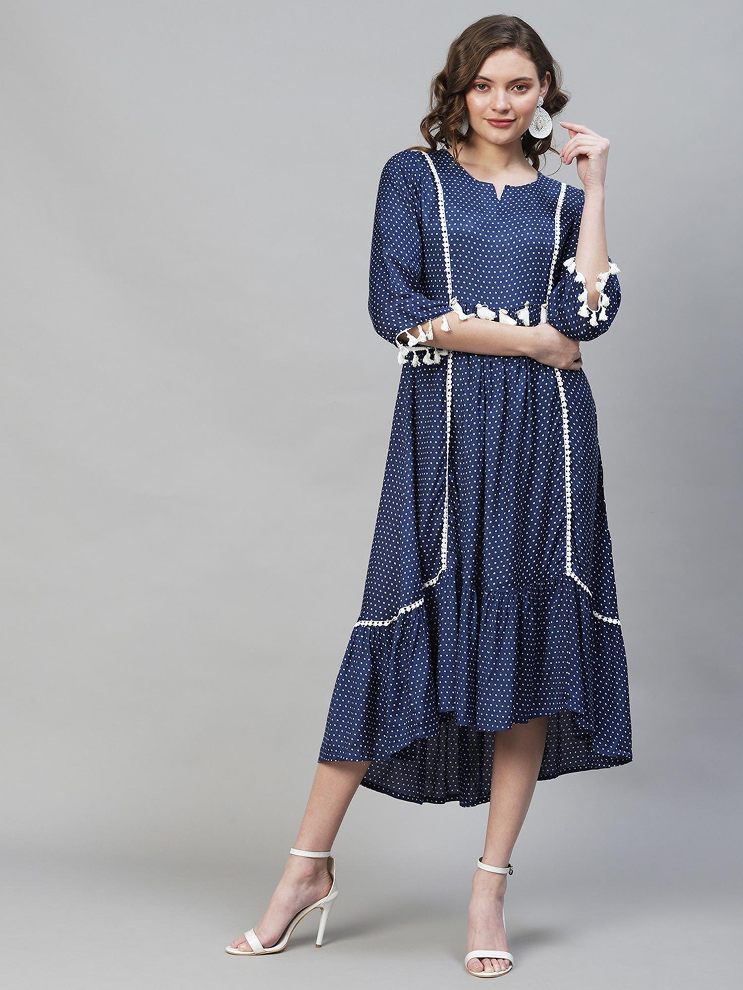 polka dots printed flared midi dress-dark blue