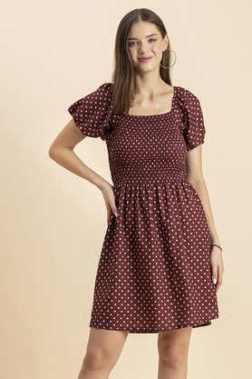 polka dots rayon blend square neck women's maxi dress - brown