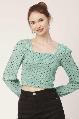 polka dots rayon square neck women's top - sea green