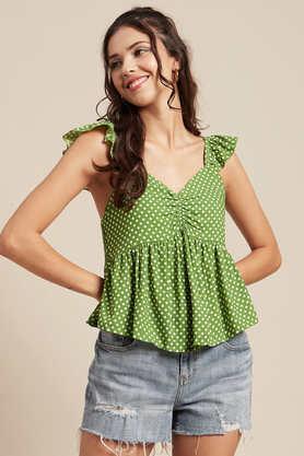 polka dots rayon sweetheart neck women's top - green