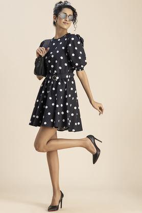 polka dots round neck cotton women's knee length dress - black