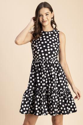 polka dots round neck cotton women's knee length dress - black