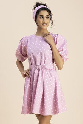 polka dots round neck cotton women's knee length dress - light pink