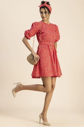 polka dots round neck cotton women's knee length dress - pink