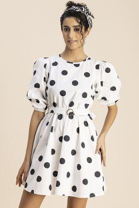 polka dots round neck cotton women's knee length dress - white