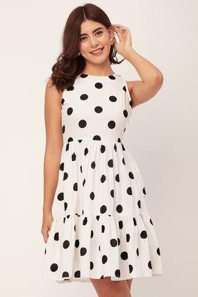 polka dots round neck cotton women's knee length dress - white
