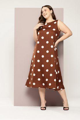 polka dots round neck crepe women's calf length dress - brown