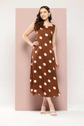 polka dots round neck crepe women's dress - brown