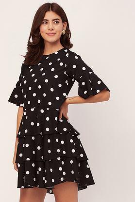 polka dots round neck crepe women's knee length dress - black