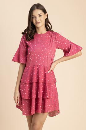 polka dots round neck crepe women's knee length dress - pink