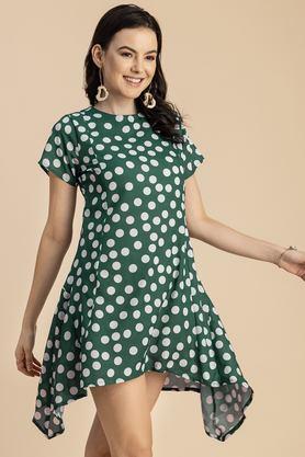 polka dots round neck georgette women's knee length dress - green