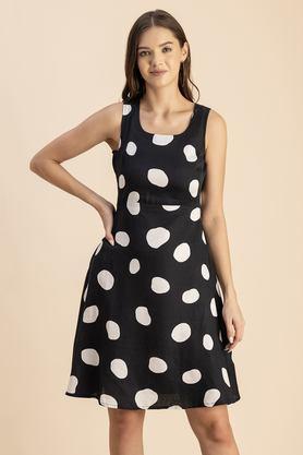 polka dots round neck linen women's knee length dress - black