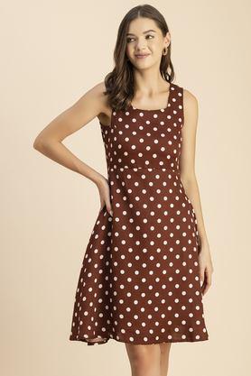 polka dots round neck linen women's knee length dress - brown