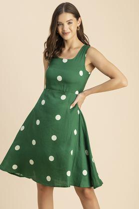polka dots round neck linen women's knee length dress - green