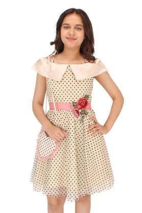 polka dots satin square neck girl's casual wear dress - cream