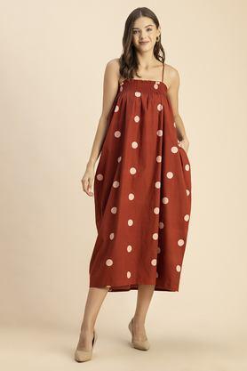 polka dots square neck cotton women's full length dress - brown