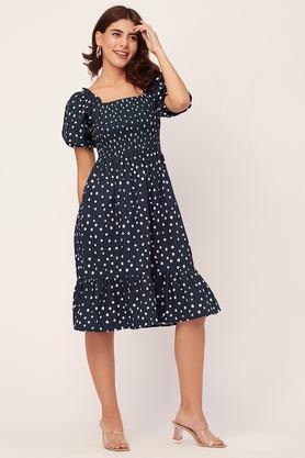 polka dots square neck cotton women's knee length dress - blue