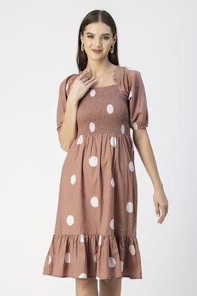 polka dots square neck cotton women's knee length dress - brown
