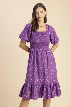 polka dots square neck cotton women's knee length dress - lavender