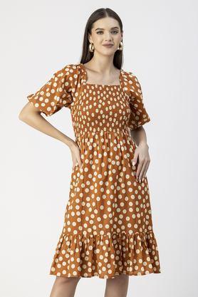 polka dots square neck cotton women's knee length dress - orange