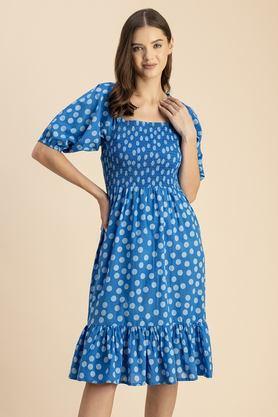 polka dots square neck cotton women's knee length dress - royal blue