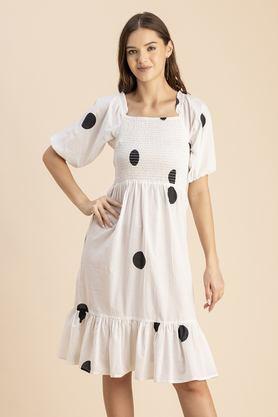 polka dots square neck cotton women's knee length dress - white