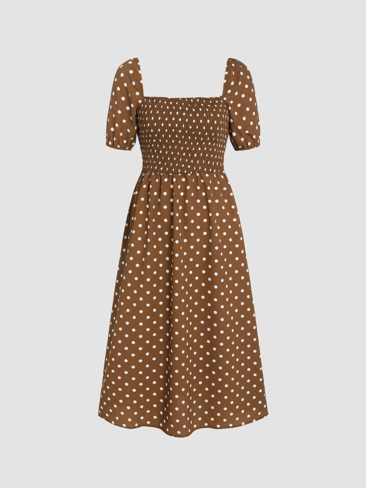 polka dots square neck midi dress