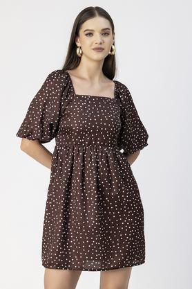 polka dots square neck polyester women's mini dress - brown
