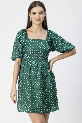 polka dots square neck polyester women's mini dress - teal_green
