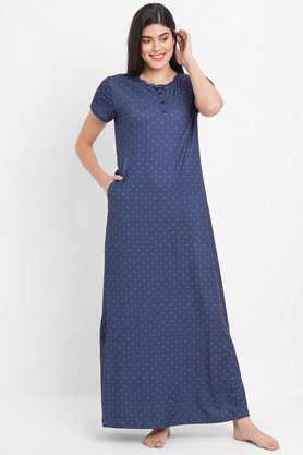 polka dots u neck polyester full length women's night dress - navy