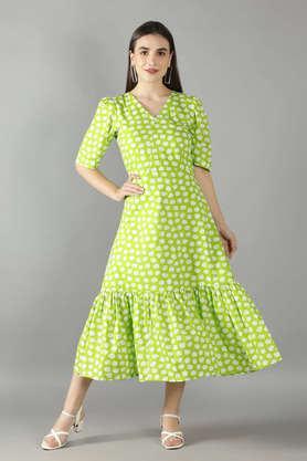 polka dots v-neck cotton women's dress - lime green