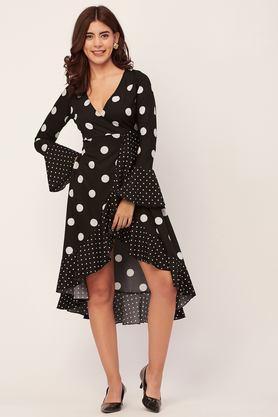 polka dots v-neck crepe women's knee length dress - black