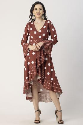 polka dots v-neck crepe women's knee length dress - brown