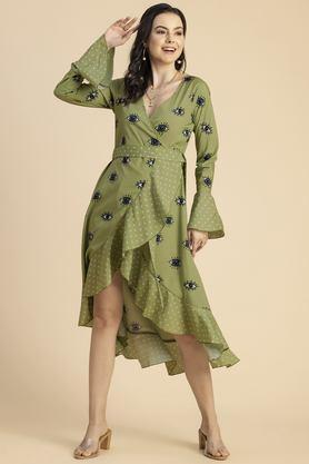 polka dots v-neck crepe women's knee length dress - green