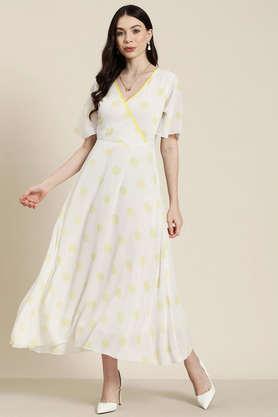 polka dots v neck georgette women's maxi dress - white