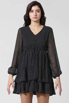 polka dots v-neck polyester women's dress - black