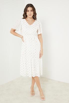 polka dots v-neck polyester women's dress - white