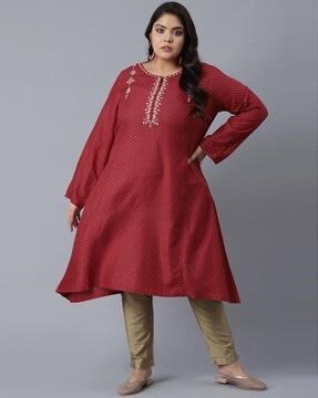 polka-dotted round-neck a-line kurta