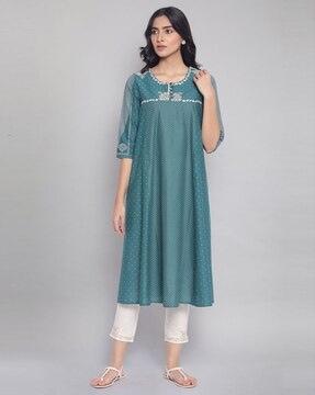 polka-dotted round-neck flared kurta