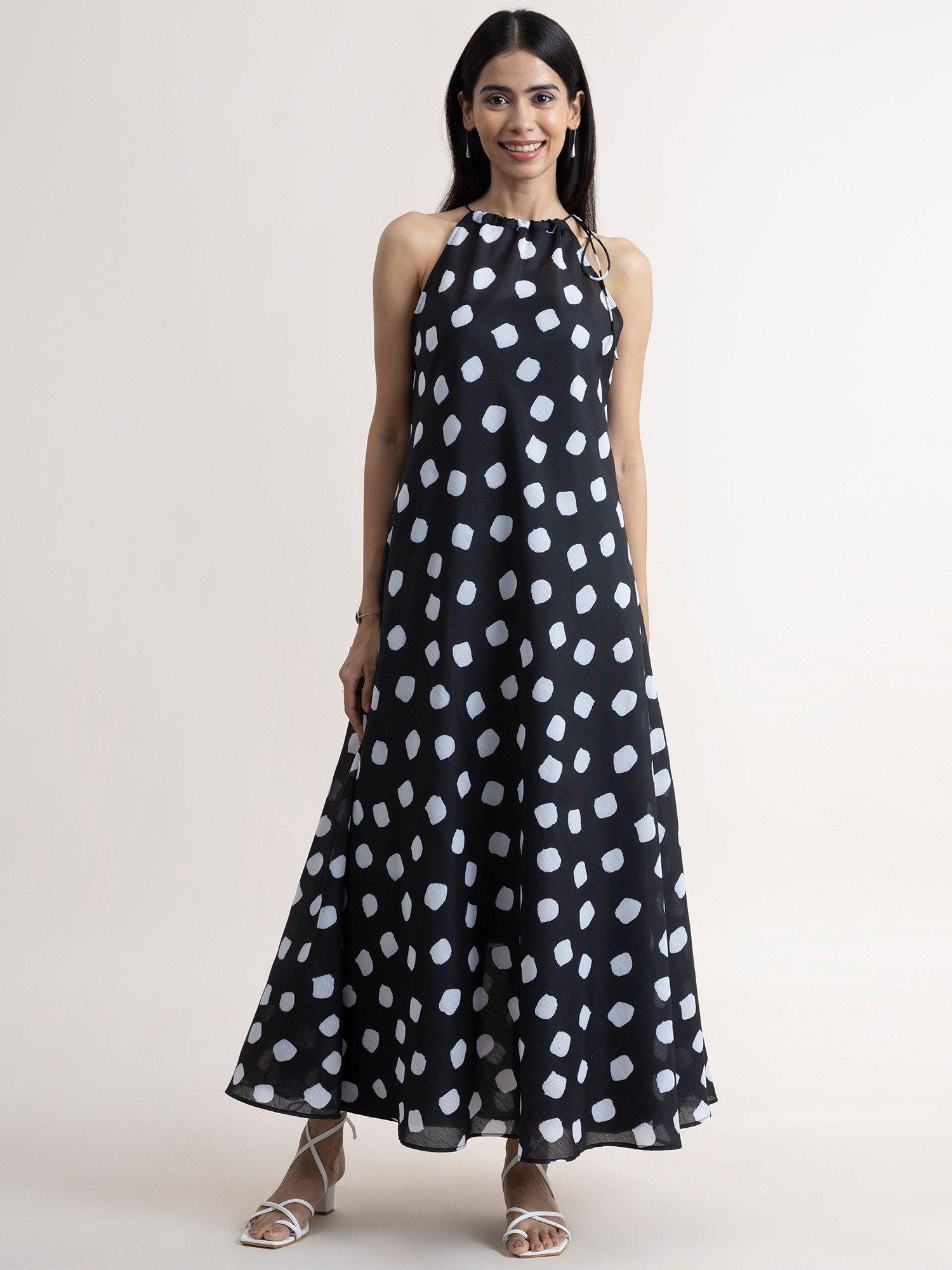 polka halter neck dress - black