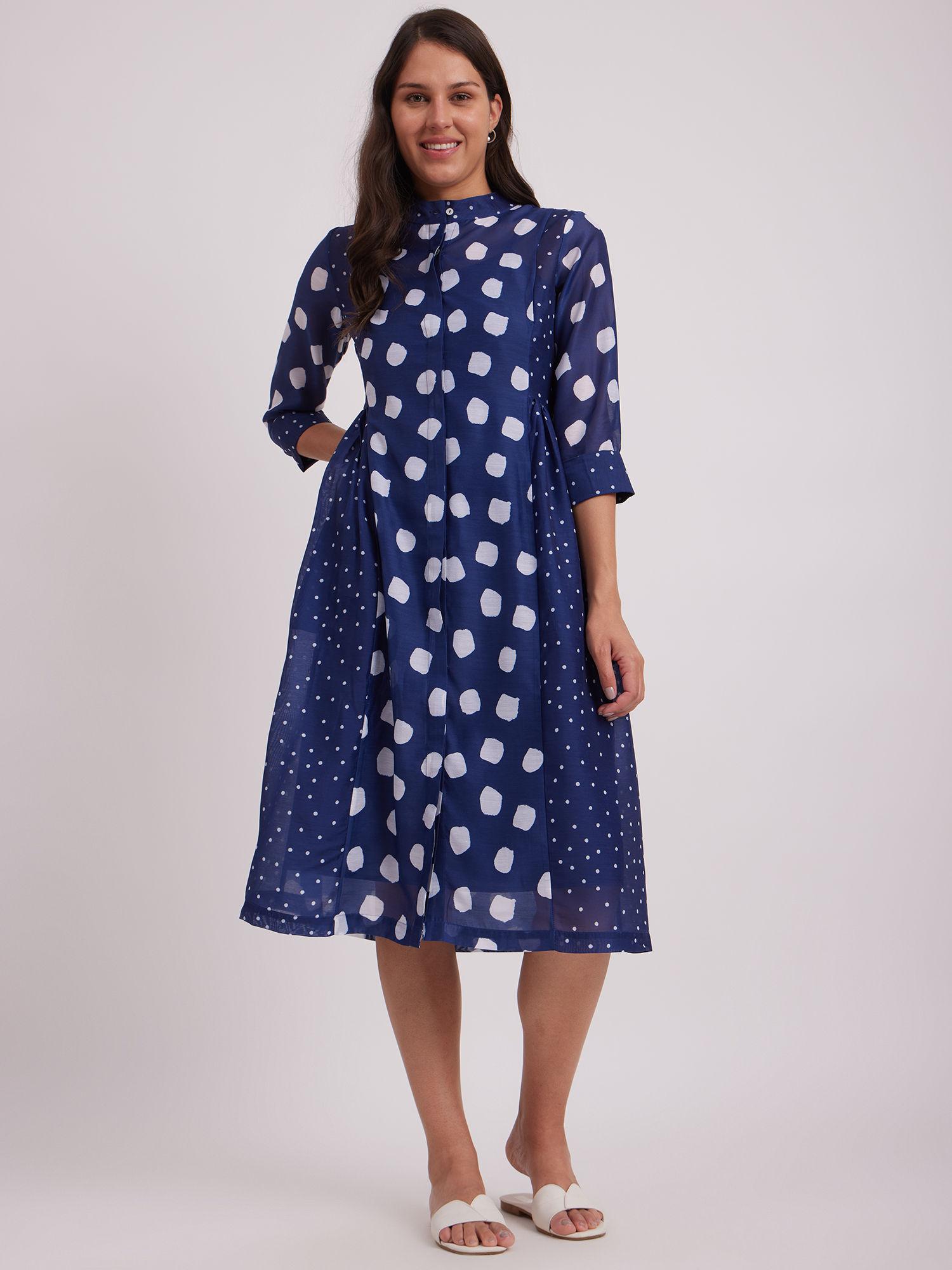 polka mandarin collar dress - navy blue