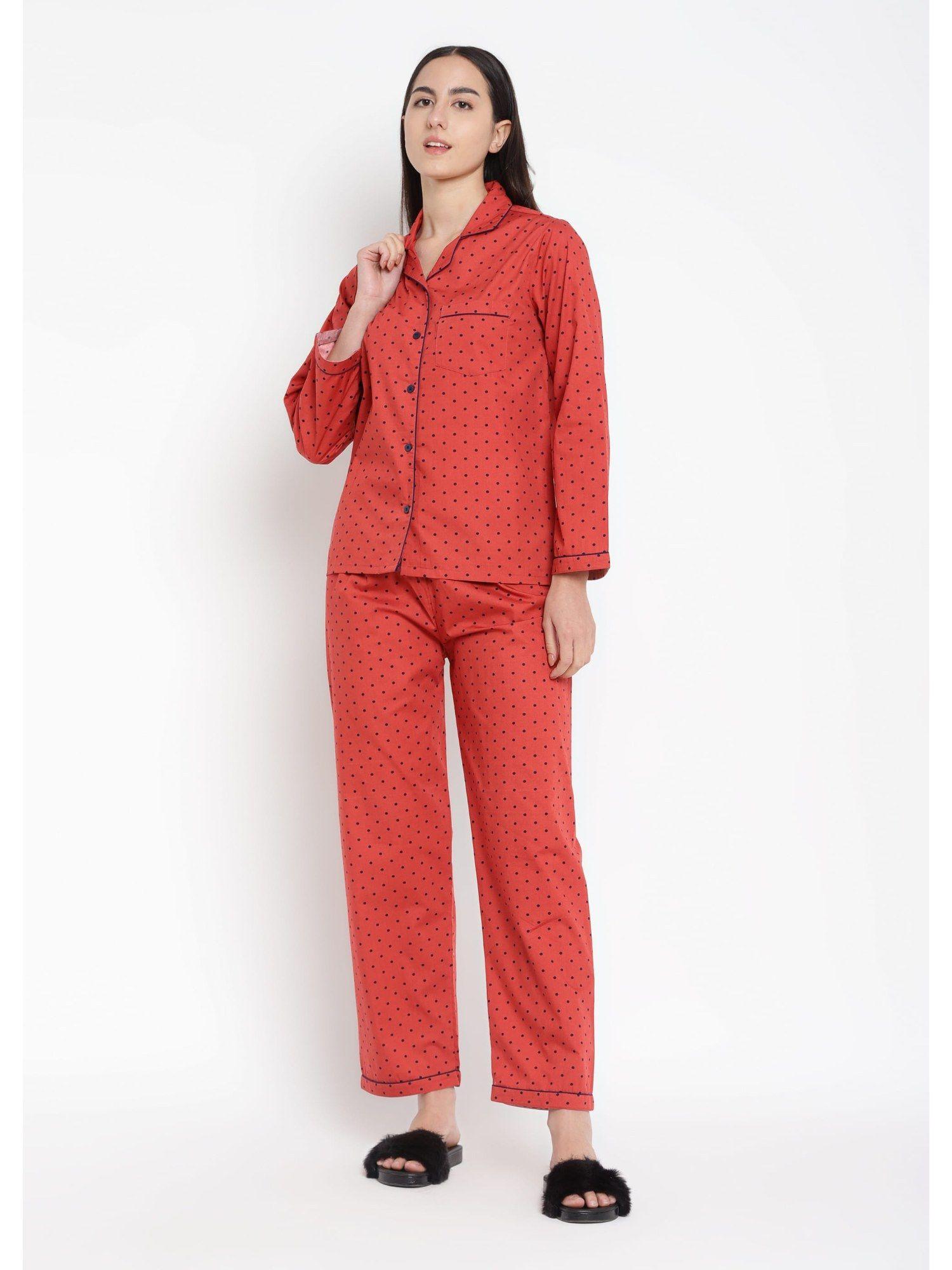 polka orange long sleeve womens night suit (set of 2)