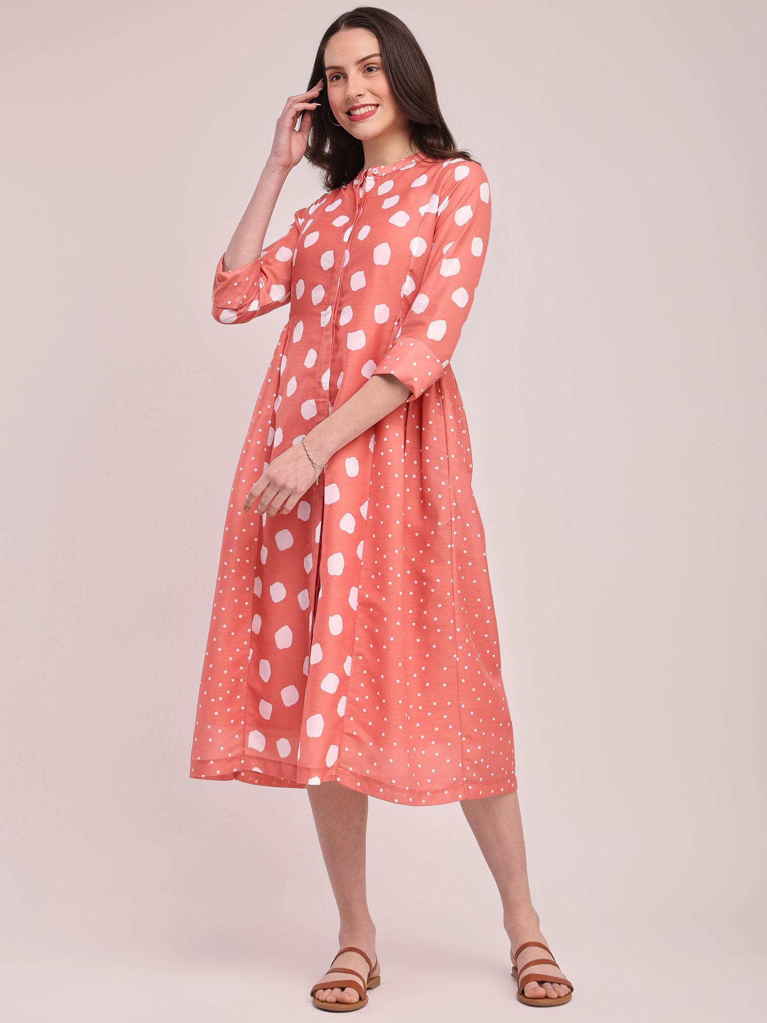 polka print a-line dress - peach