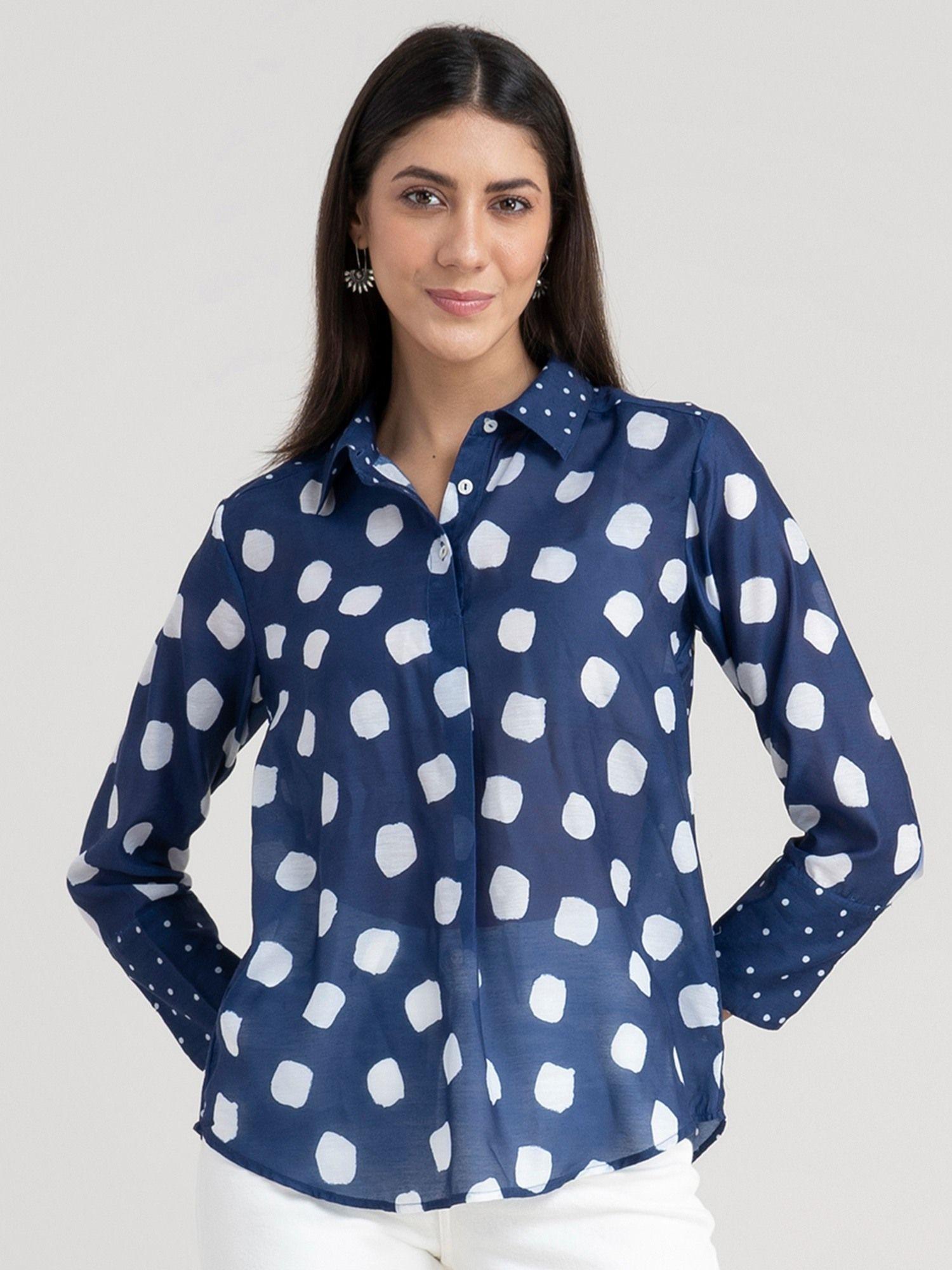 polka print cotton shirt navy blue