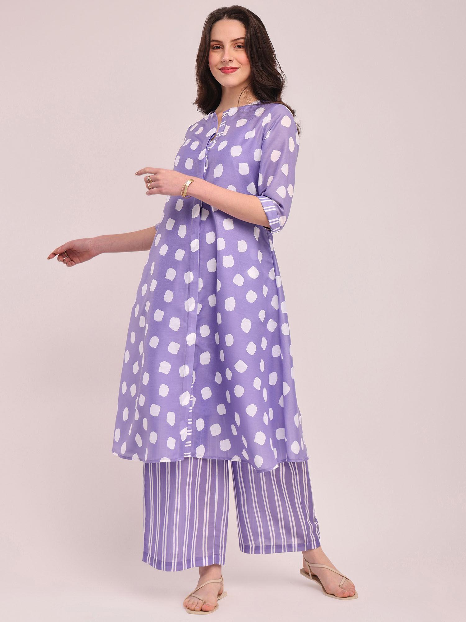 polka print front open kurta with pant- lavender (set of 2)