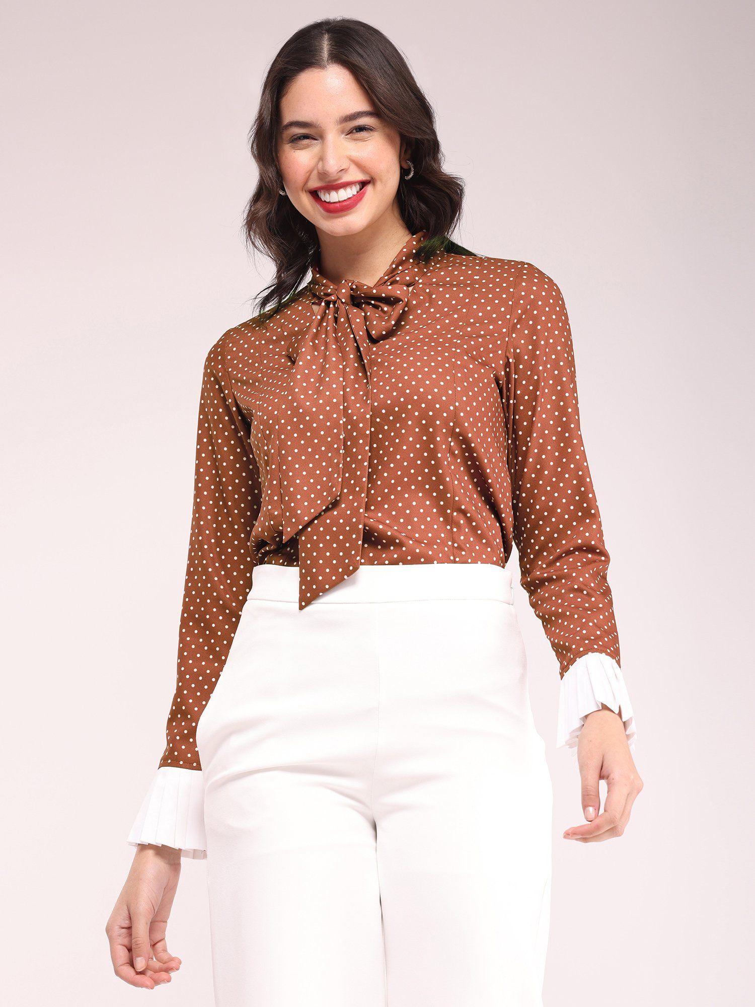 polka print tie-up top - brown